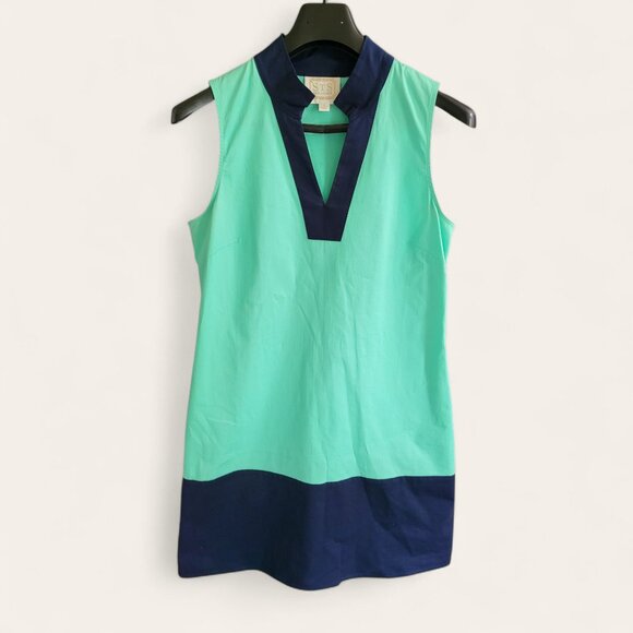 Sail To Sable Colorblock Sleeveless V Neck Shift Dress Navy Blue Seafoam Women M - Picture 1 of 6